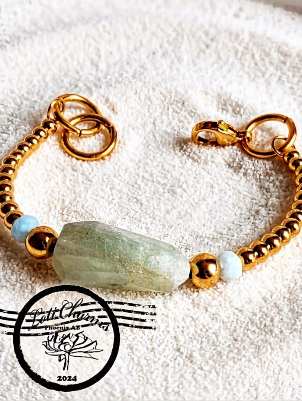 Natural Large Aquamarine Nugget & Gold Beads In Sweet Classy Bracelet
